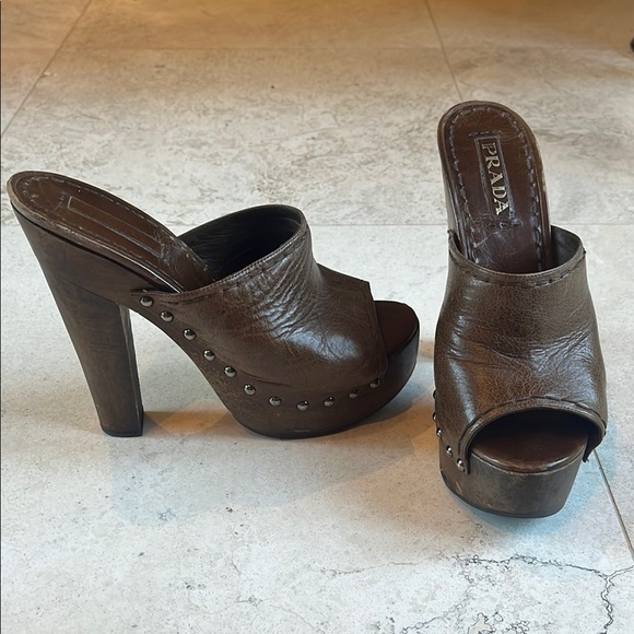 Prada Shoes - Prada Brown Leather Clogs Mules Sz 38.5